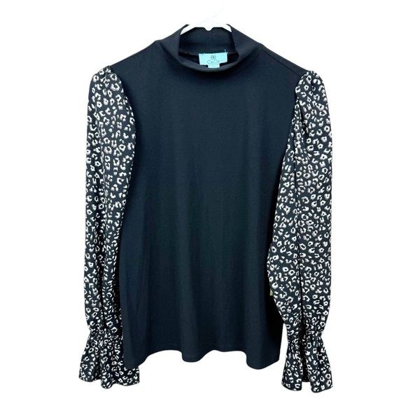 CeCe Women's Rich Black Long Sleeve Mixed Media Mock-Neck Knit Top Size Medium - Picture 1 of 10